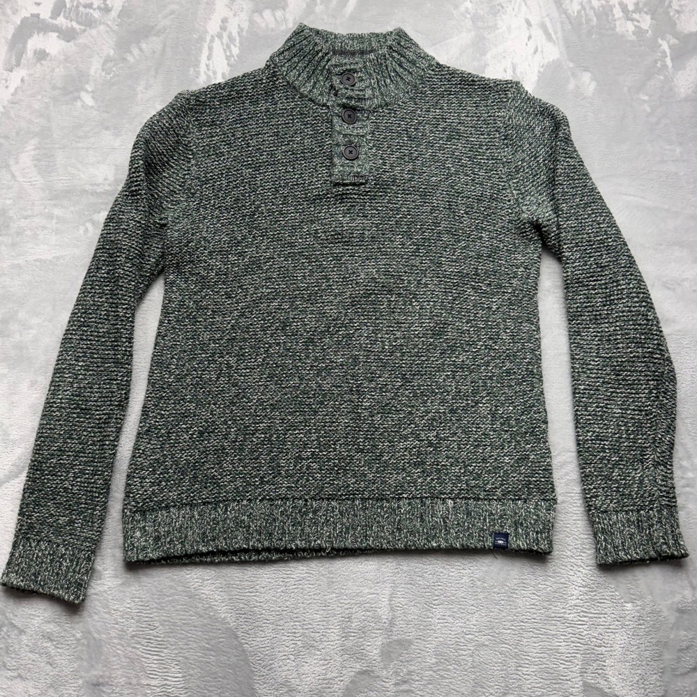 Fat Face Sweater Mens M Green Mock Neck Button Pullover Cotton‎ Wool Blend Marl